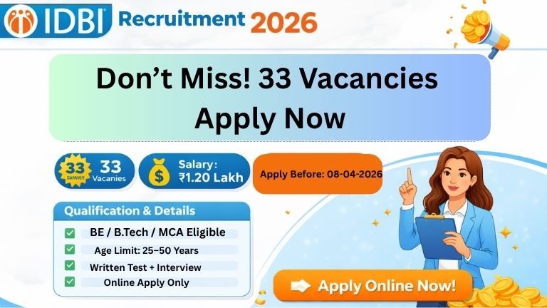 IDBI Recruitment 2026 notification banner showing 33 vacancies and salary up to ₹1.20 lakh