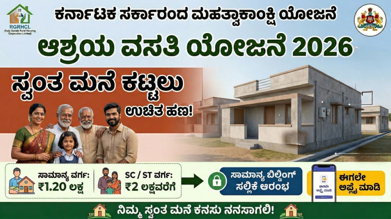 ಆಶ್ರಯ ವಸತಿ ಯೋಜನೆ 2026 ಮನೆ ನಿರ್ಮಾಣ ಸಹಾಯಧನ ವಿವರ
