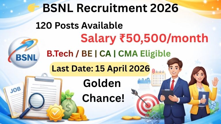 BSNL SET Recruitment 2026 banner showing 120 vacancies and salary up to 50500 per month