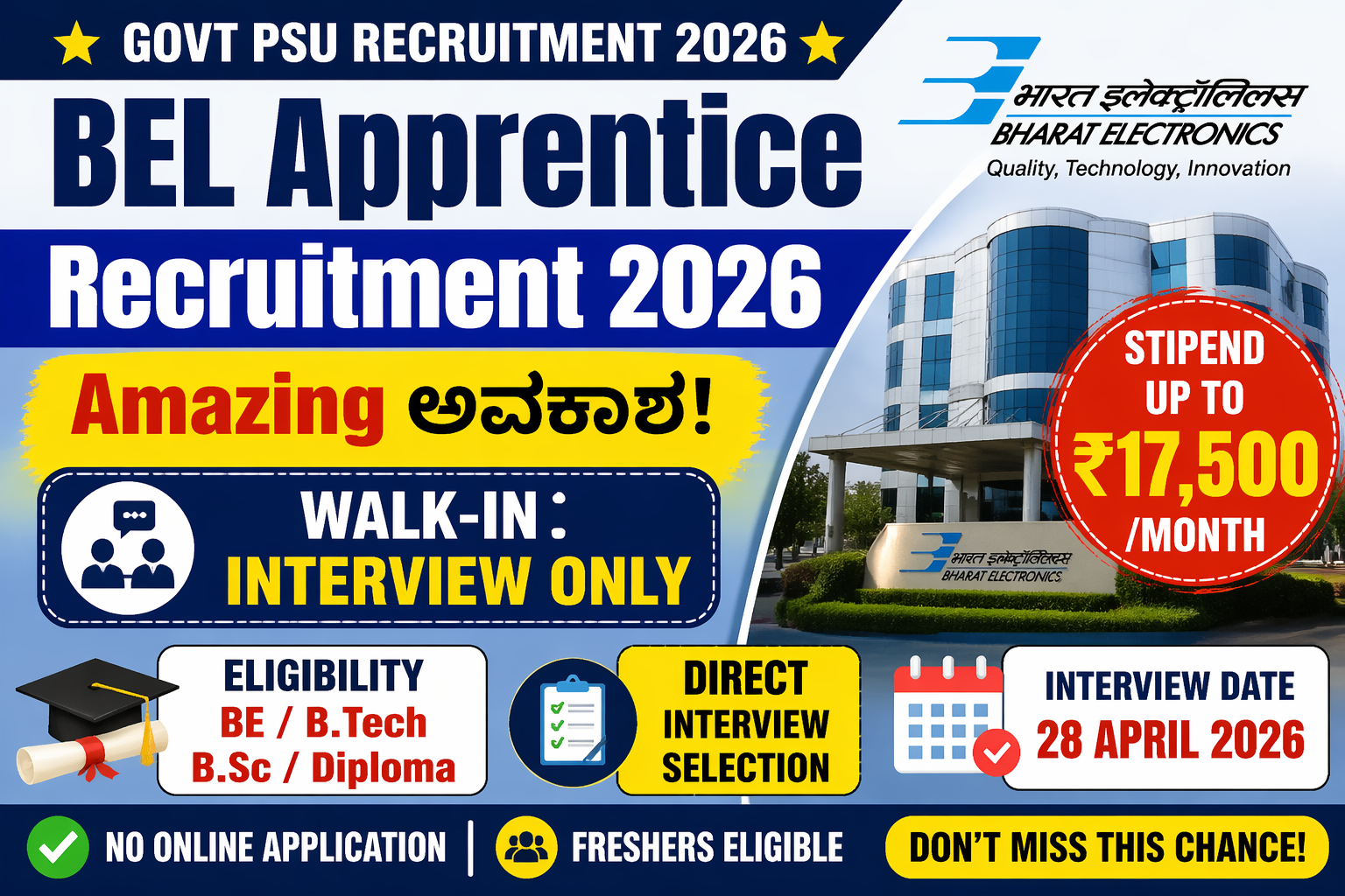 BEL ಅಪ್ರೆಂಟಿಸ್ ನೇಮಕಾತಿ 2026 ನೇರ ಸಂದರ್ಶನ ಮೂಲಕ ಆಯ್ಕೆ ಸ್ಟೈಫಂಡ್ ₹17,500