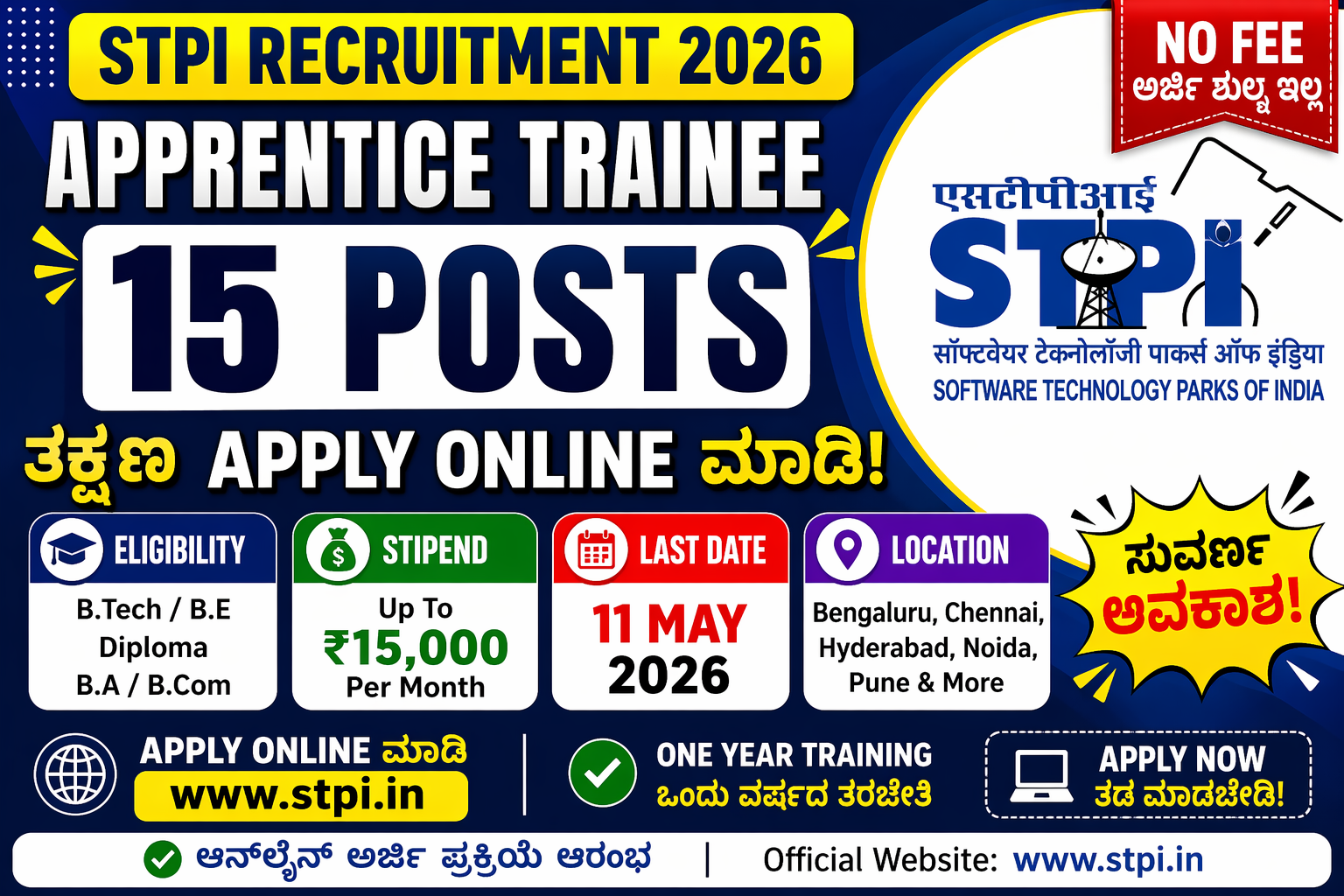 STPI Apprentice Trainee Recruitment 2026 – 15 ಹುದ್ದೆಗಳಿಗೆ Apply Online