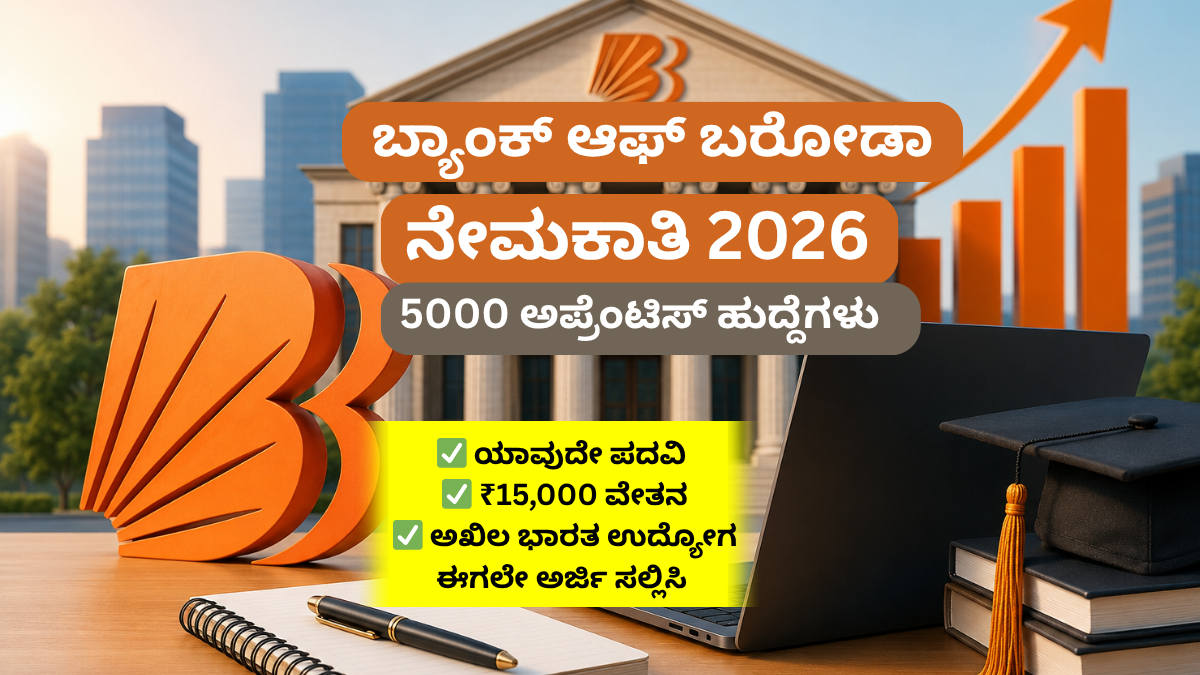 Bank of Baroda Recruitment 2026 5000 ಅಪ್ರೆಂಟಿಸ್ ಹುದ್ದೆಗಳ image with ₹15,000 ವೇತನ, Any Degree eligibility and All India Jobs